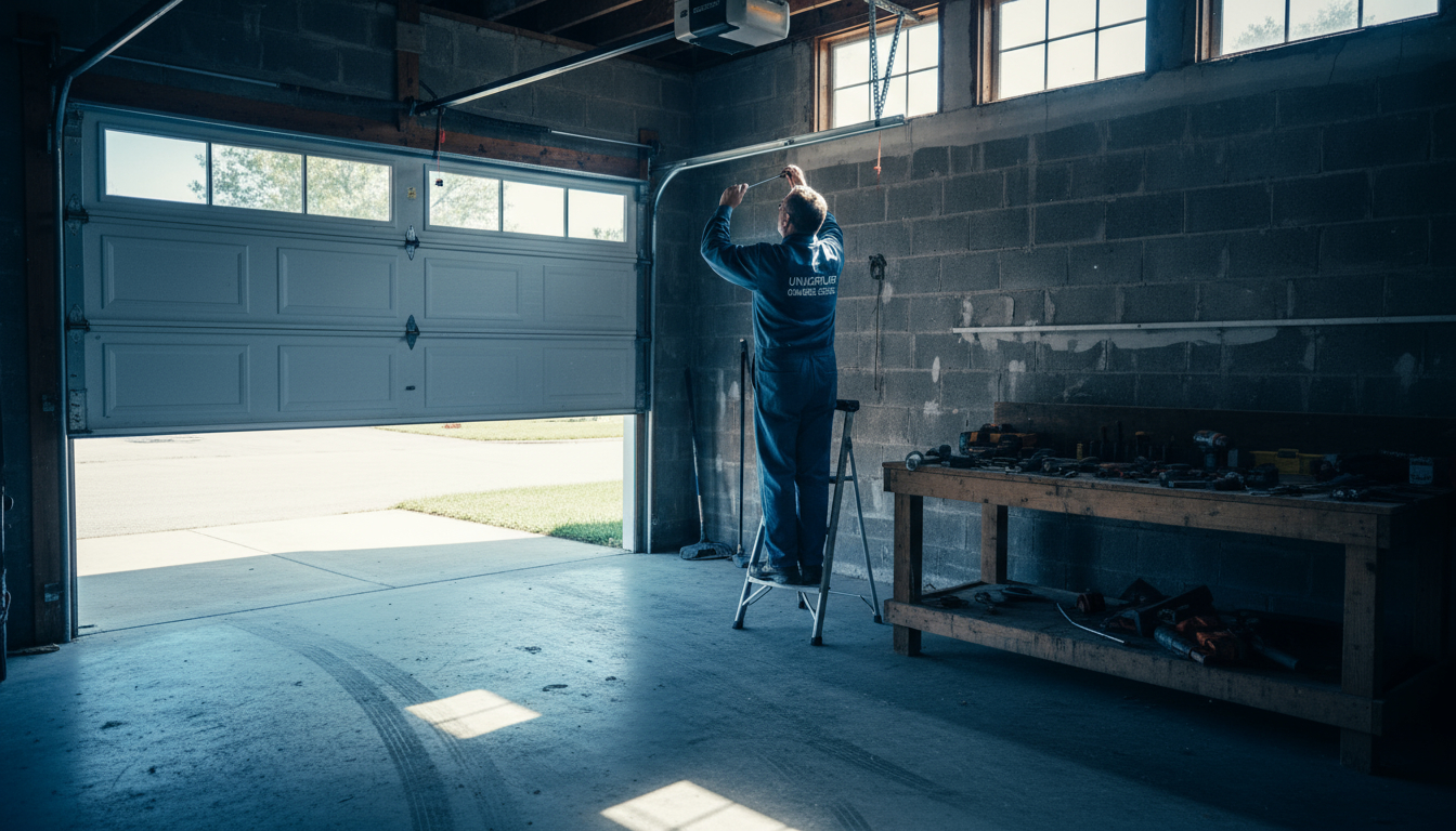 Technician servicing a garage door in Uniopolis, Ohio