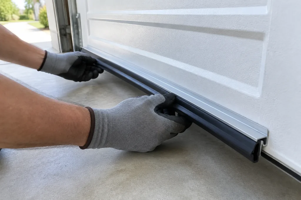 Gloved hands sliding a new rubber bottom seal into a garage door retainer