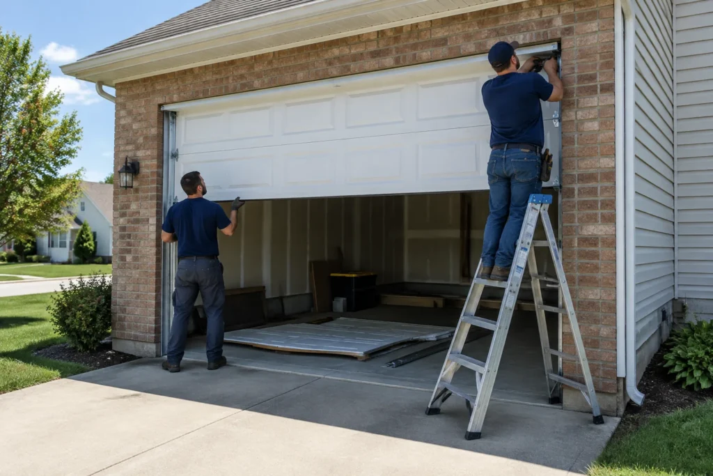 Two technicians installing a new white raised-panel garage door on a brick home