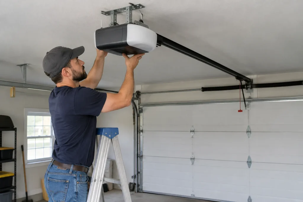 Technician mounting a new belt-drive garage door opener to the garage ceiling