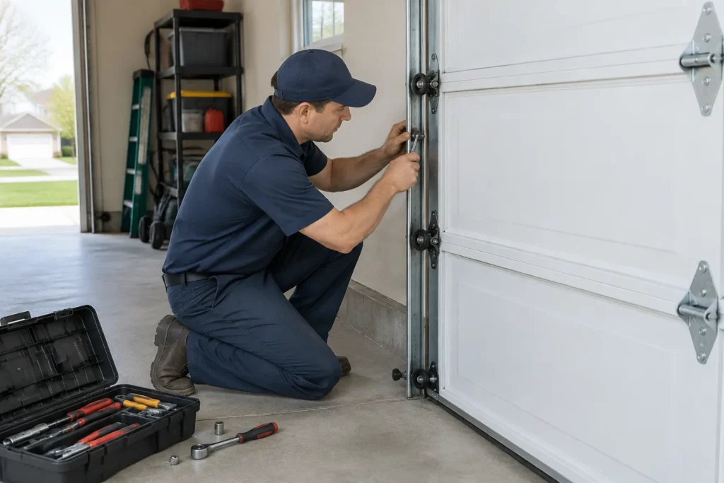 Technician adjusting a roller in a garage door track in an attached garage
