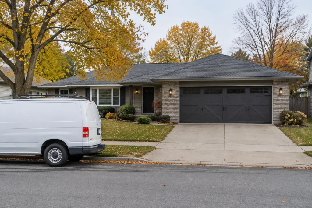 Ranch home with a new charcoal carriage-house style garage door