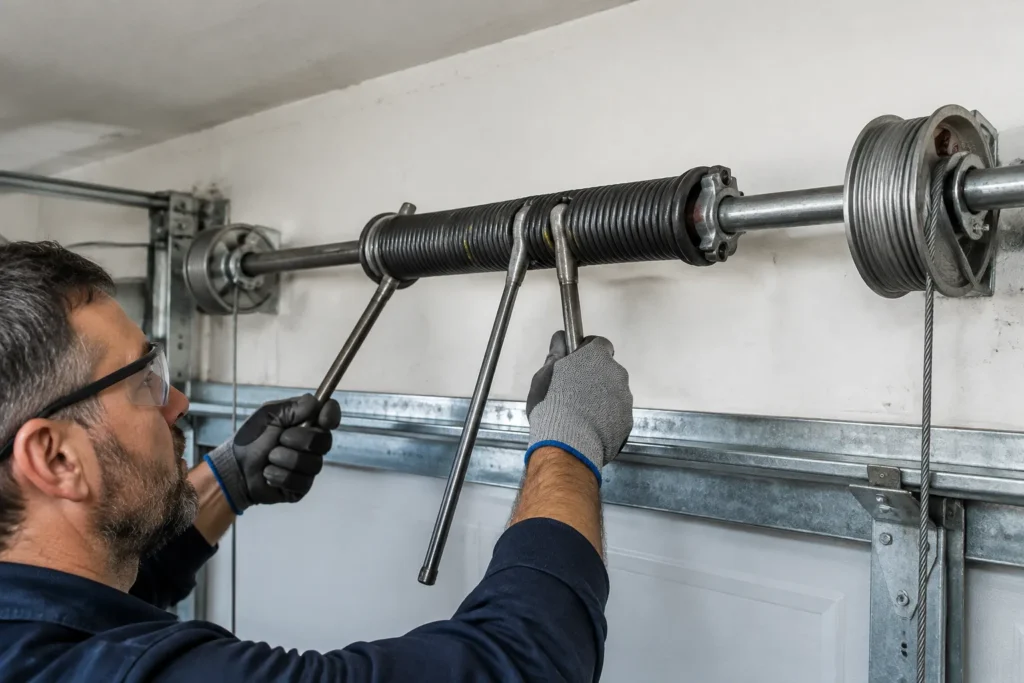 Technician winding a new torsion spring above a garage door